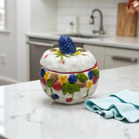 Colorful berry-patterned covered ceramic jar for home storage and kitchen storage Colorful berry-patterned covered ceramic jar for home storage and kitchen storage